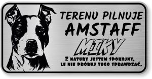 Tabliczka ostrzegawcza - Uwaga pies AMSTAFF z imieniem