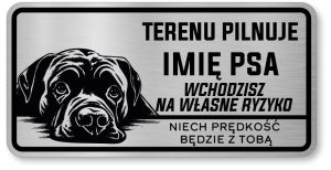 Tabliczka ostrzegawcza - Uwaga pies Cane Corso z imieniem