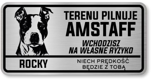 Tabliczka ostrzegawcza - Uwaga pies AMSTAFF z imieniem