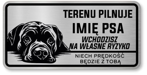 Tabliczka ostrzegawcza - Uwaga pies Cane Corso z imieniem
