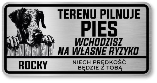 Tabliczka ostrzegawcza - Uwaga pies DOG NIEMIECKI z imieniem