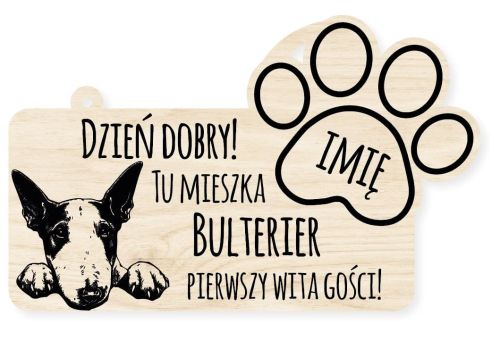 Drewniana tabliczka dekoracyjna Bulterier z imieniem