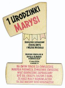 Drewniane zaproszenie na Roczek  jedyneczka