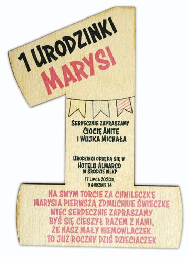 Drewniane zaproszenie na Roczek  jedyneczka